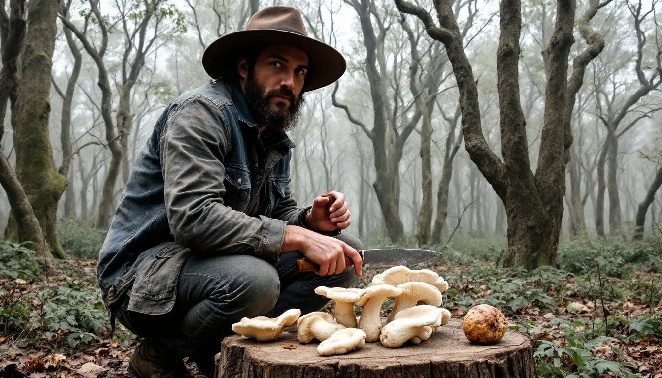 Person cutting oyster mushrooms from mushroom grow bag