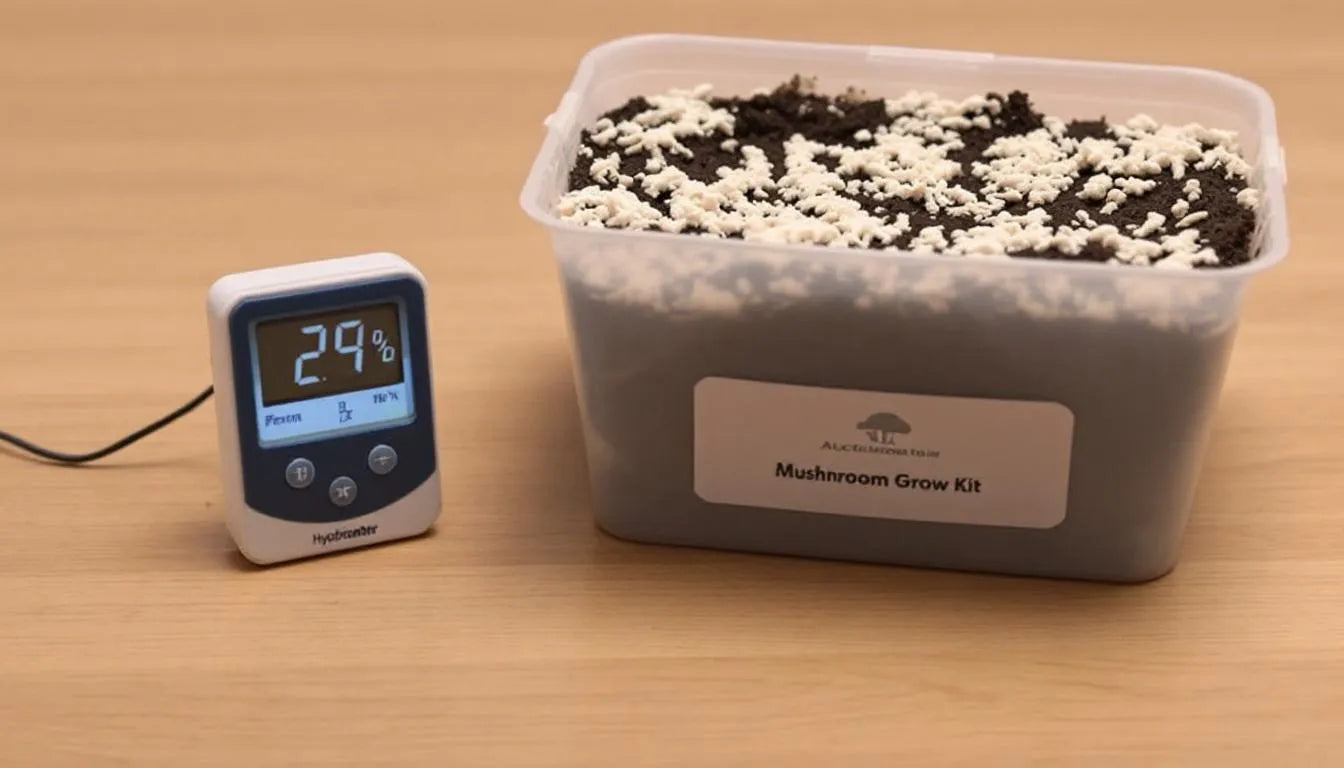 digital hygrometer showing humidity near oyster mushrooms
