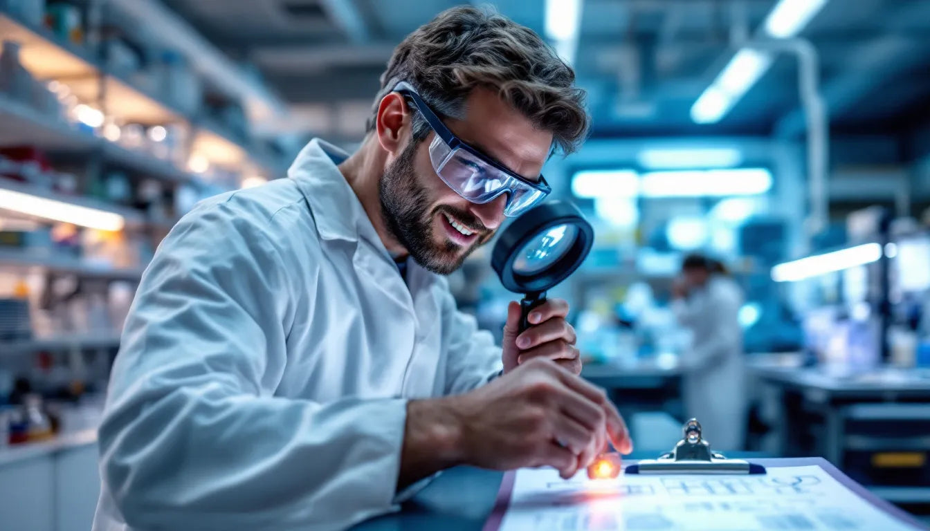 A scientist analyzing a psychedelic compound in a laboratory.