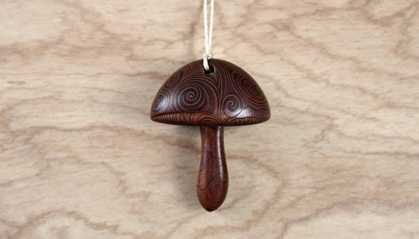 Handmade wooden mushroom ornaments hanging from a tree branch.