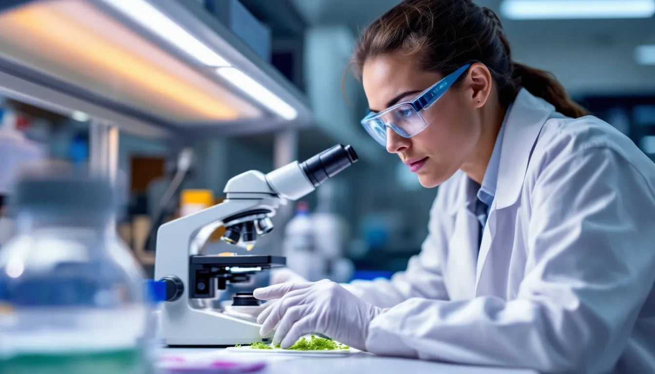 A scientist closely inspecting a fungal culture in a laboratory.
