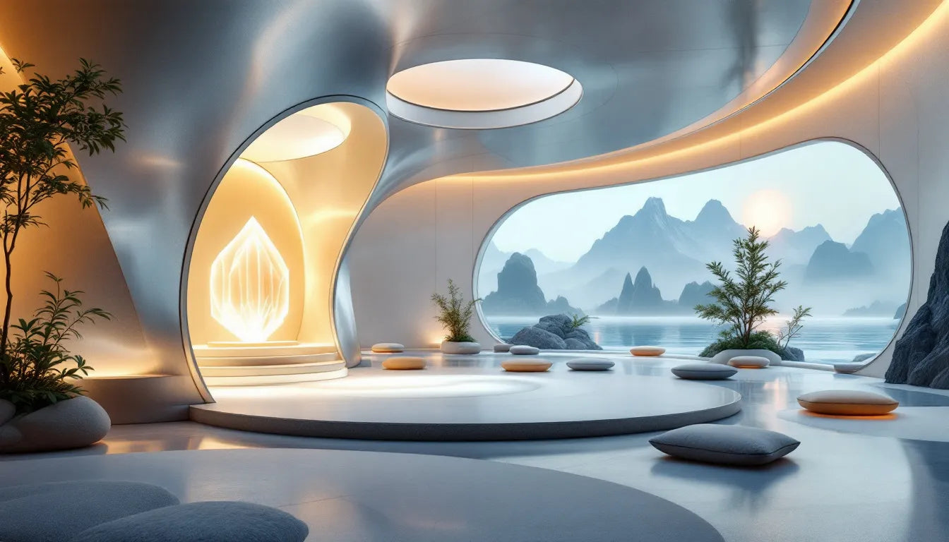 A modern meditation center with soft ambient lighting and a calming atmosphere.
