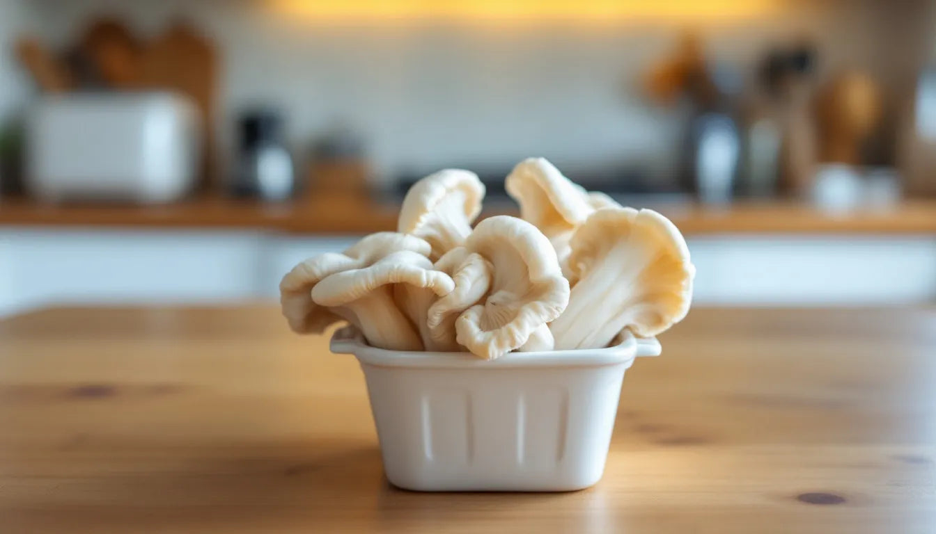 Fresh oyster mushrooms growing in a beginner setup
