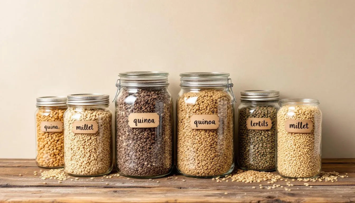 Glass jars filled with various sterilized grains