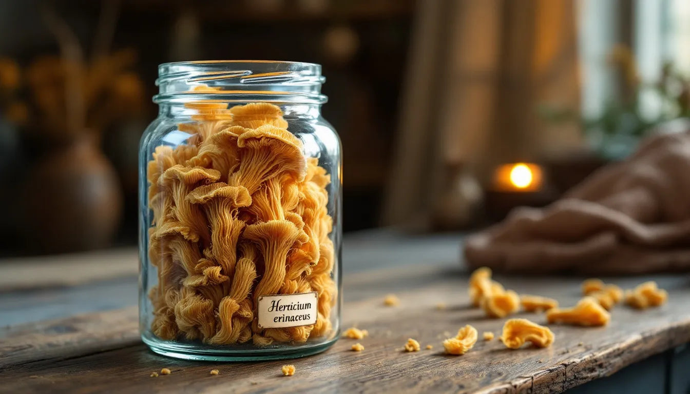 Dried lion's mane mushrooms stored in a mason jar