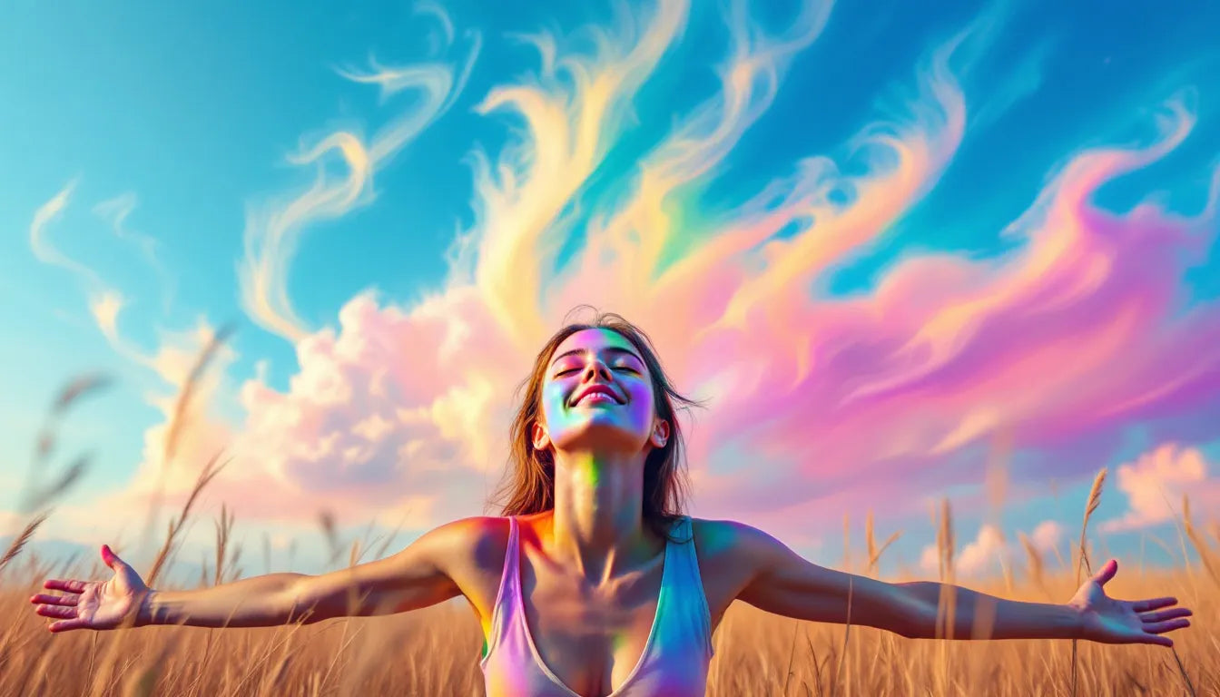 Person immersed in vivid and colorful light patterns.