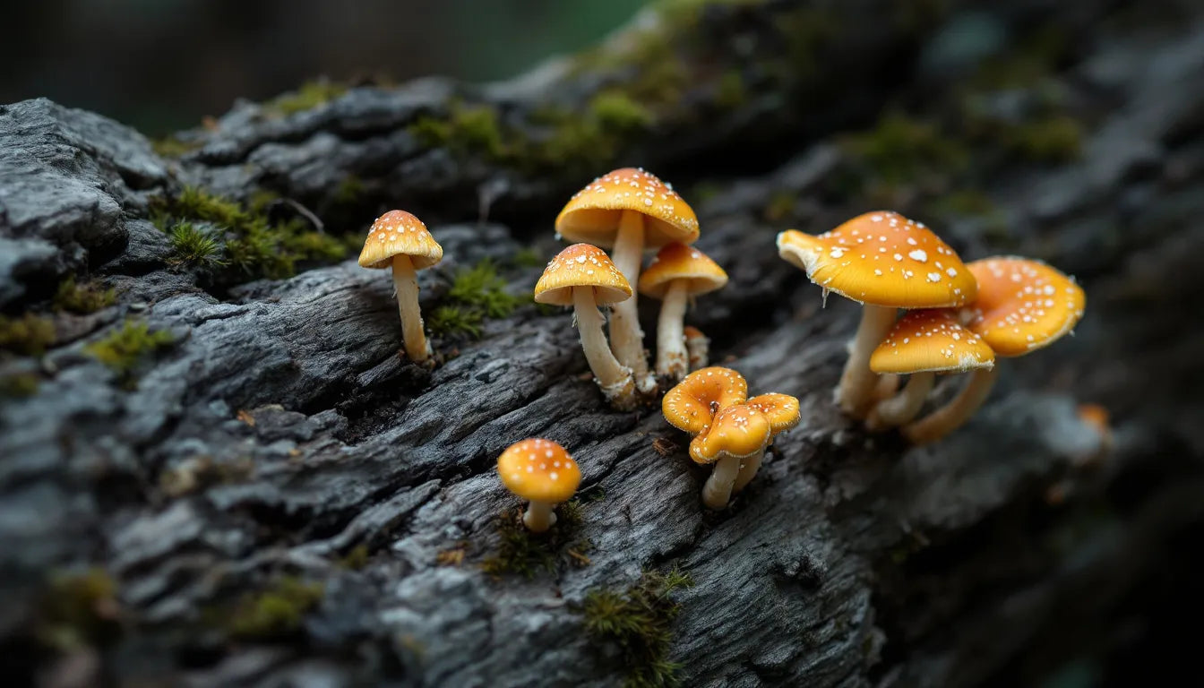 A close-up of cultivated mushrooms sprouting from decaying wood.