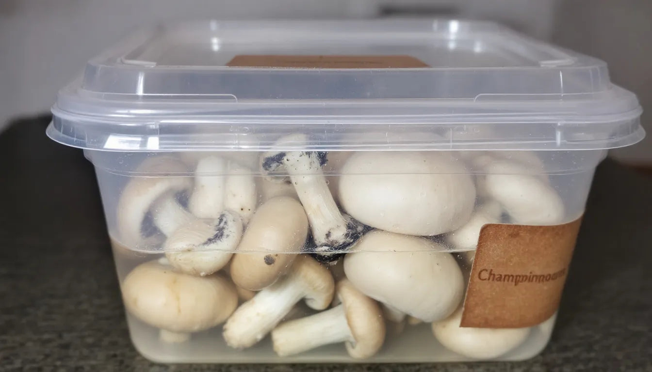 Mushrooms spoiled by incorrect storage in a wet plastic container