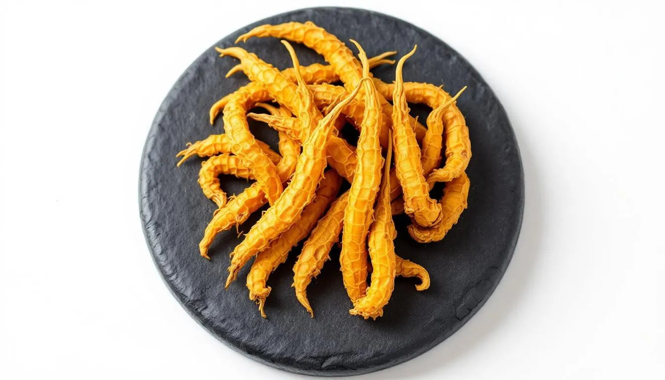 dried cordyceps mushrooms displayed on plate