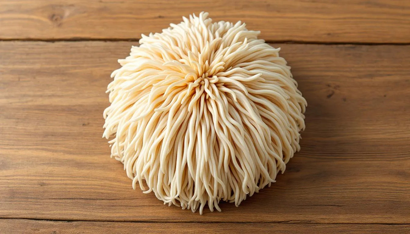 fresh lion's mane mushroom on a wooden table
