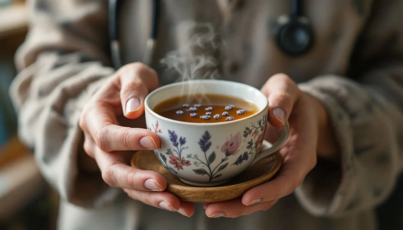 doctor holding herbal tea advising on safety