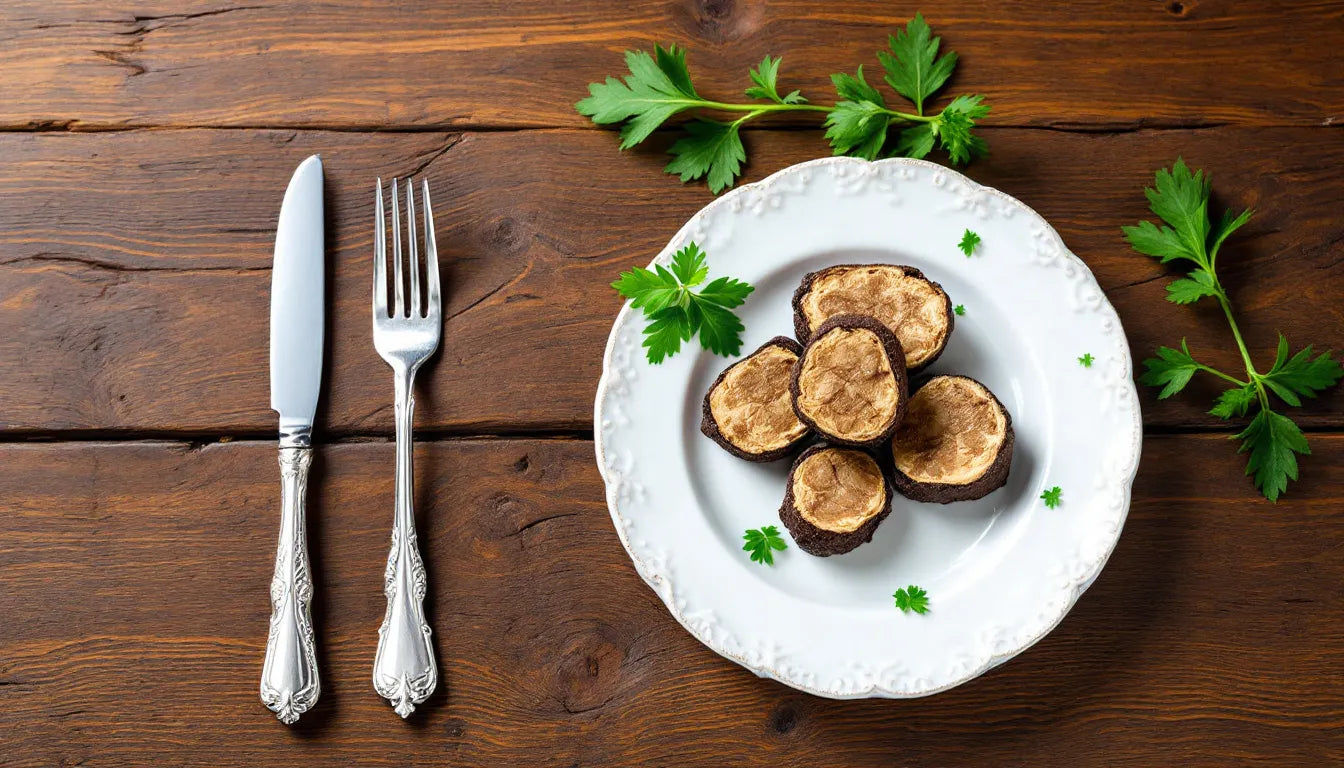 Fresh truffles arranged on rustic wooden table