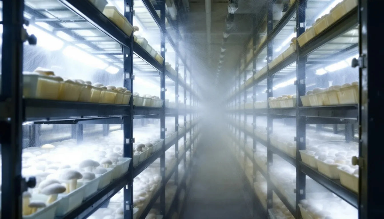 Indoor mushroom farm with water misting system