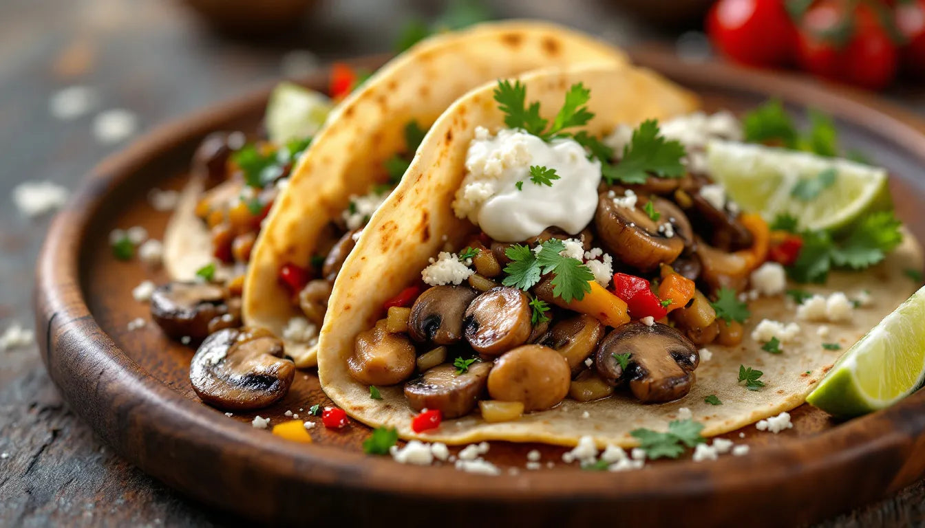 Mushroom tacos garnished with chili peppers and fresh herbs