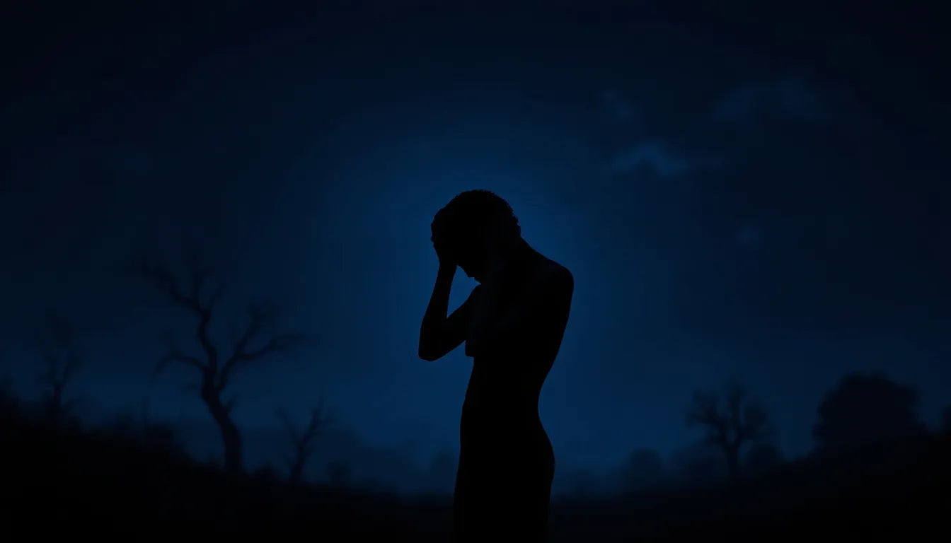A silhouette of a person holding their head in distress.
