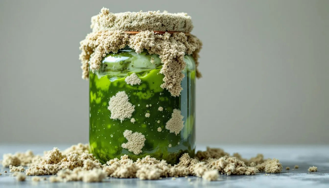 Glass jar contaminated with green mold inside