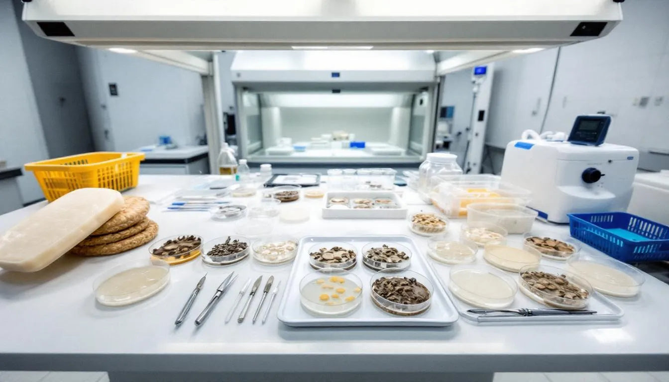 Agar plates and tools in home mushroom lab