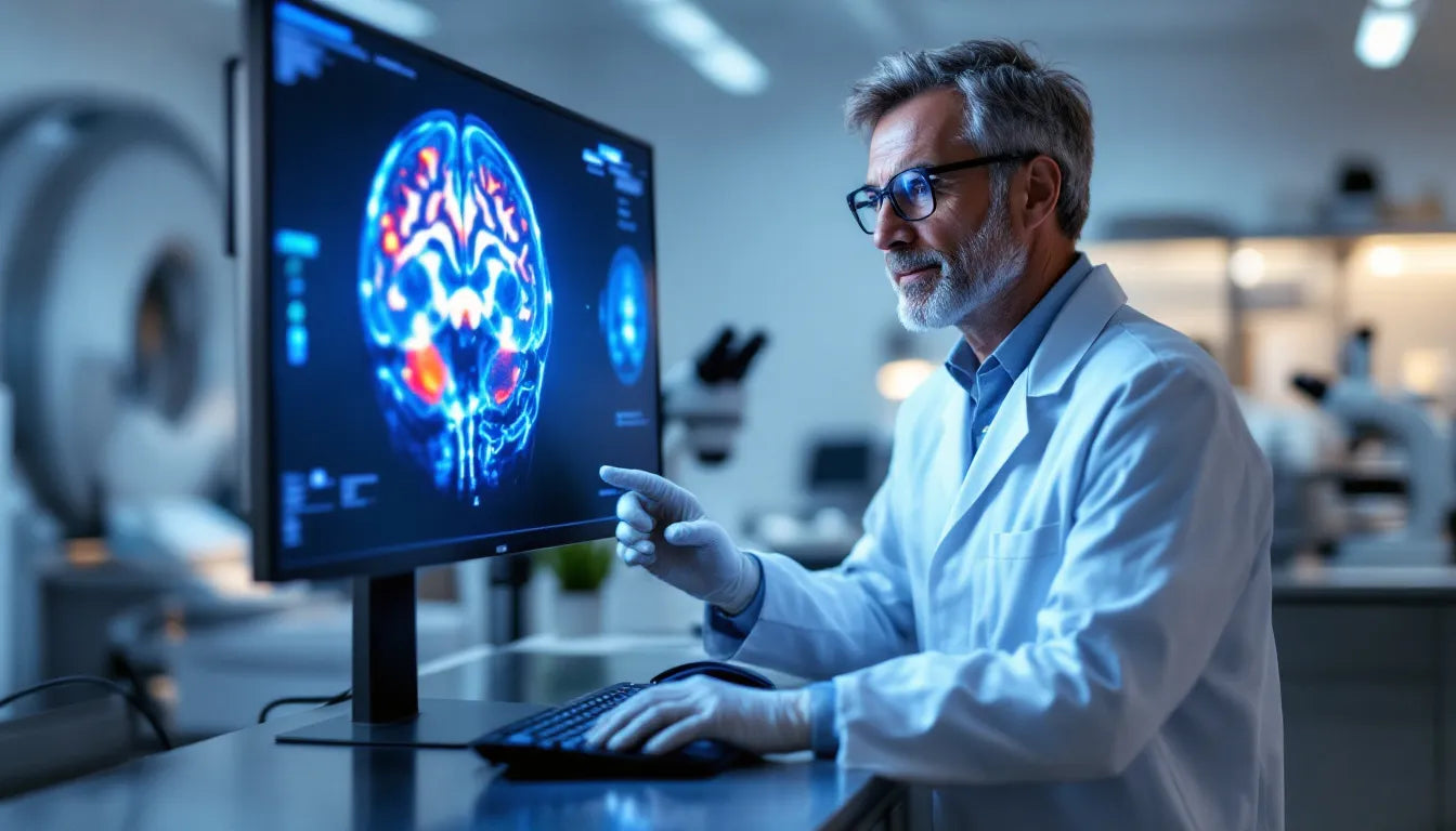 A scientist in a lab examining a brain scan on a screen.