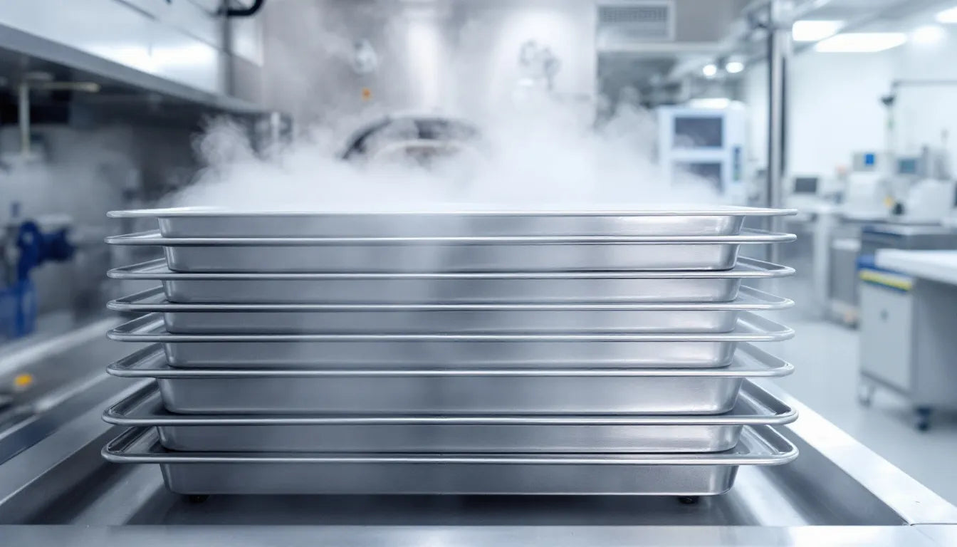 Steam rising from metal trays being sterilized
