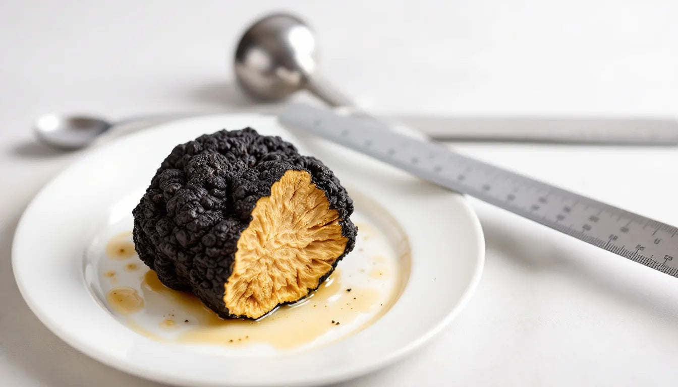 Sliced truffle with measuring spoons showing nutrients