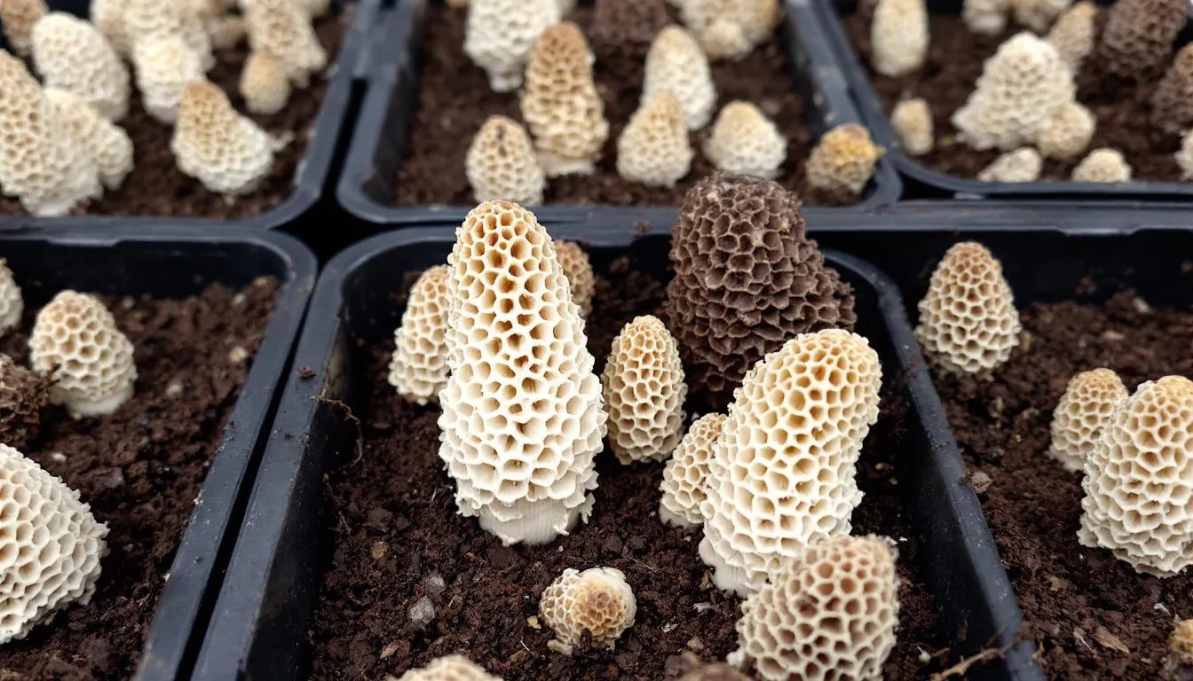 indoor trays with growing morel mushrooms