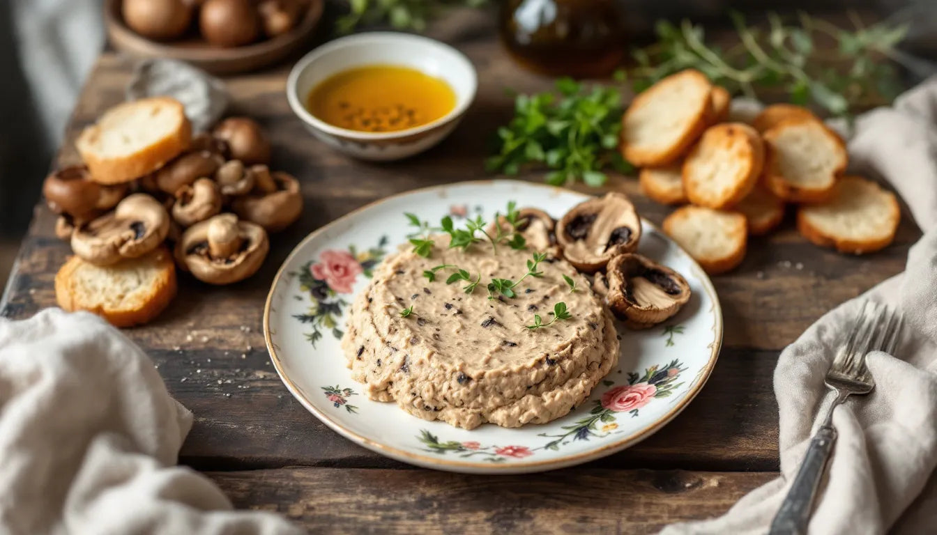 Ingredients for non-vegan mushroom paté arranged on table