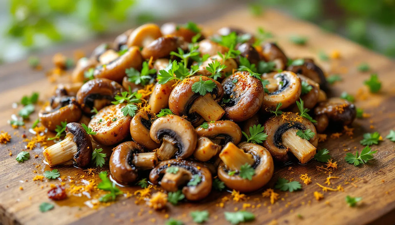 Cooked mushrooms seasoned with fresh herbs and spices