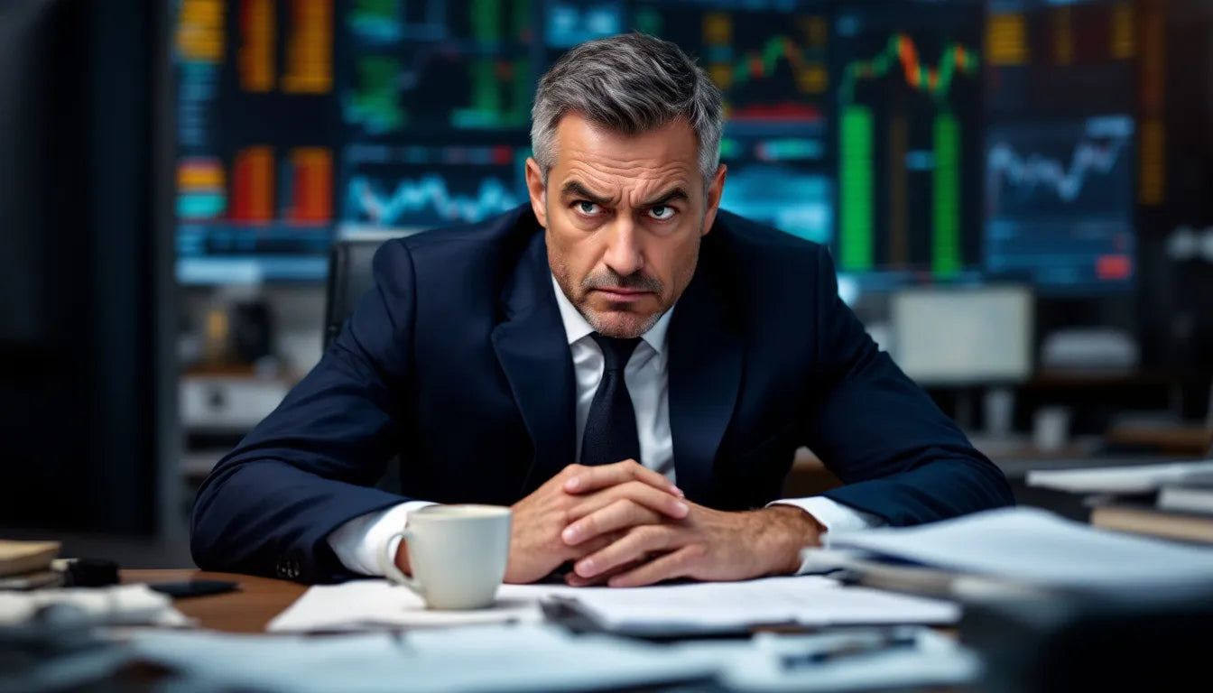 A stock trader looking stressed at multiple screens.