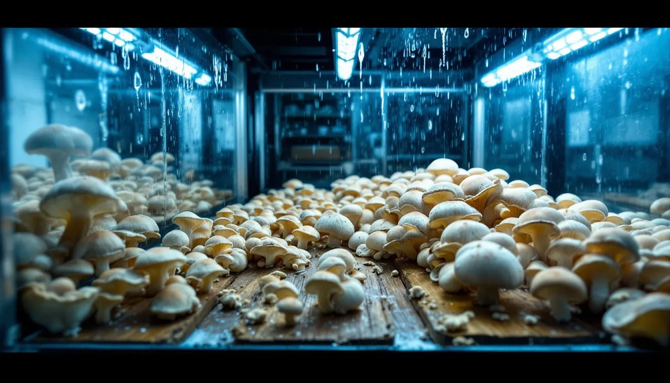 Fruiting chamber with LED light and high humidity