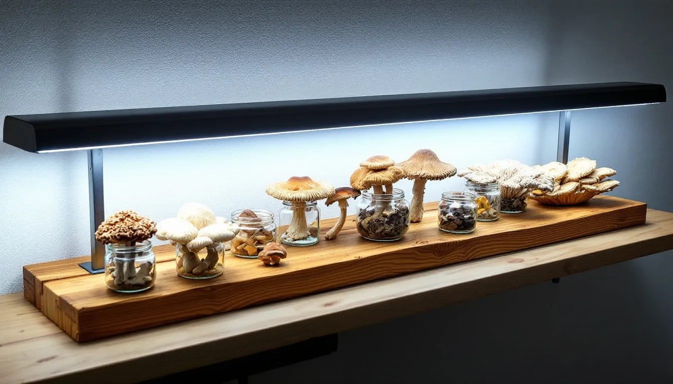 LED grow lights installed above an indoor mushroom growing shelf