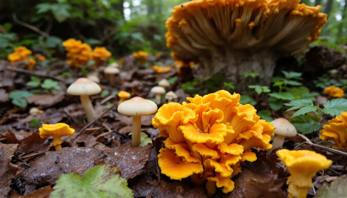 Various types of wild mushrooms growing on forest floor