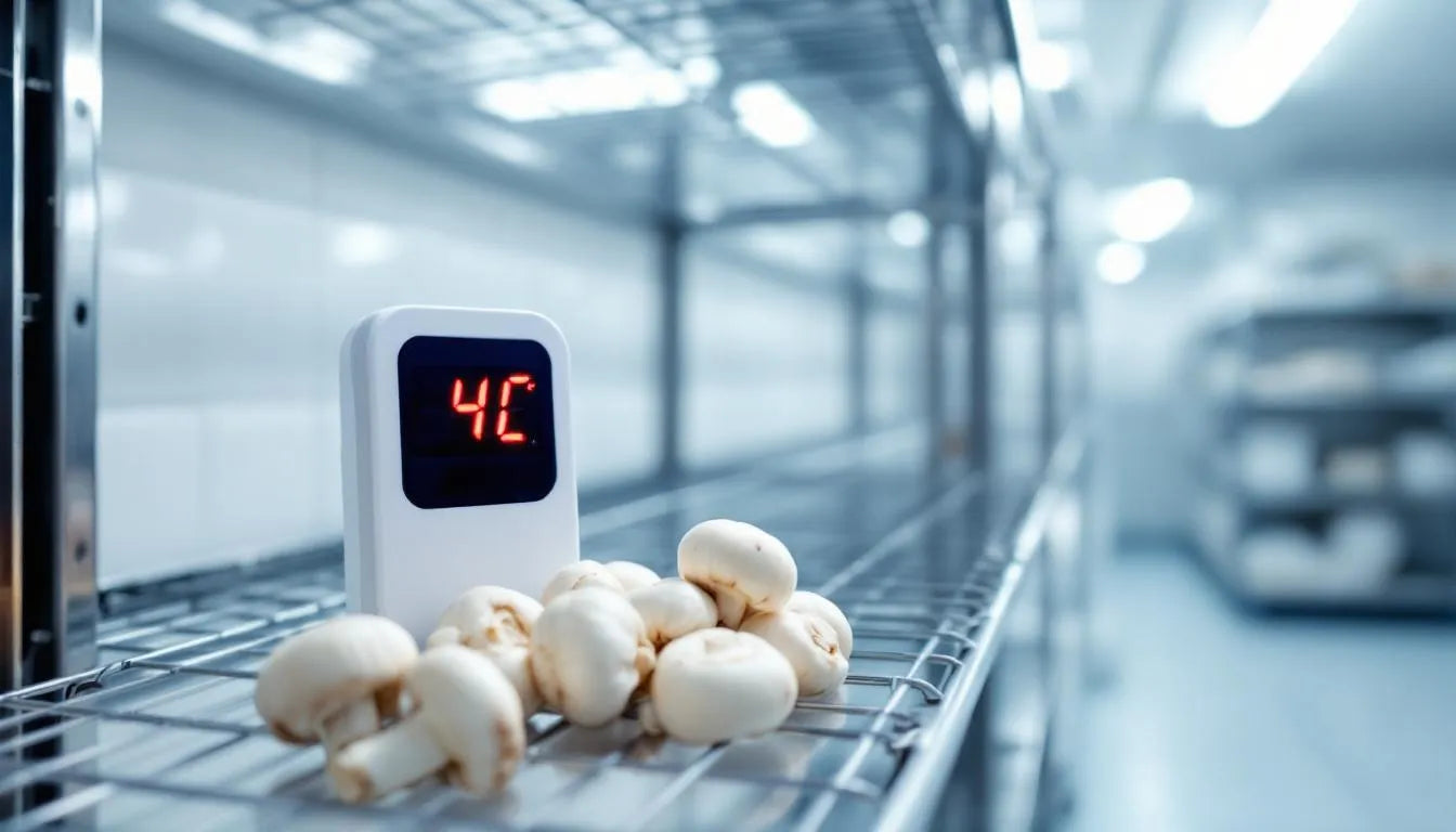 Thermometer showing cool temperature next to indoor mushroom grow