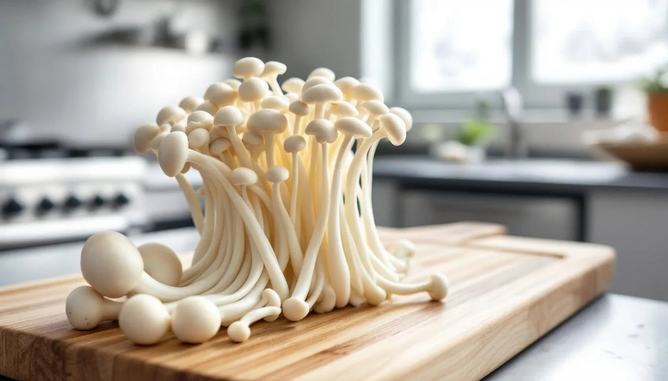 Enoki mushrooms growing in a chilled environment