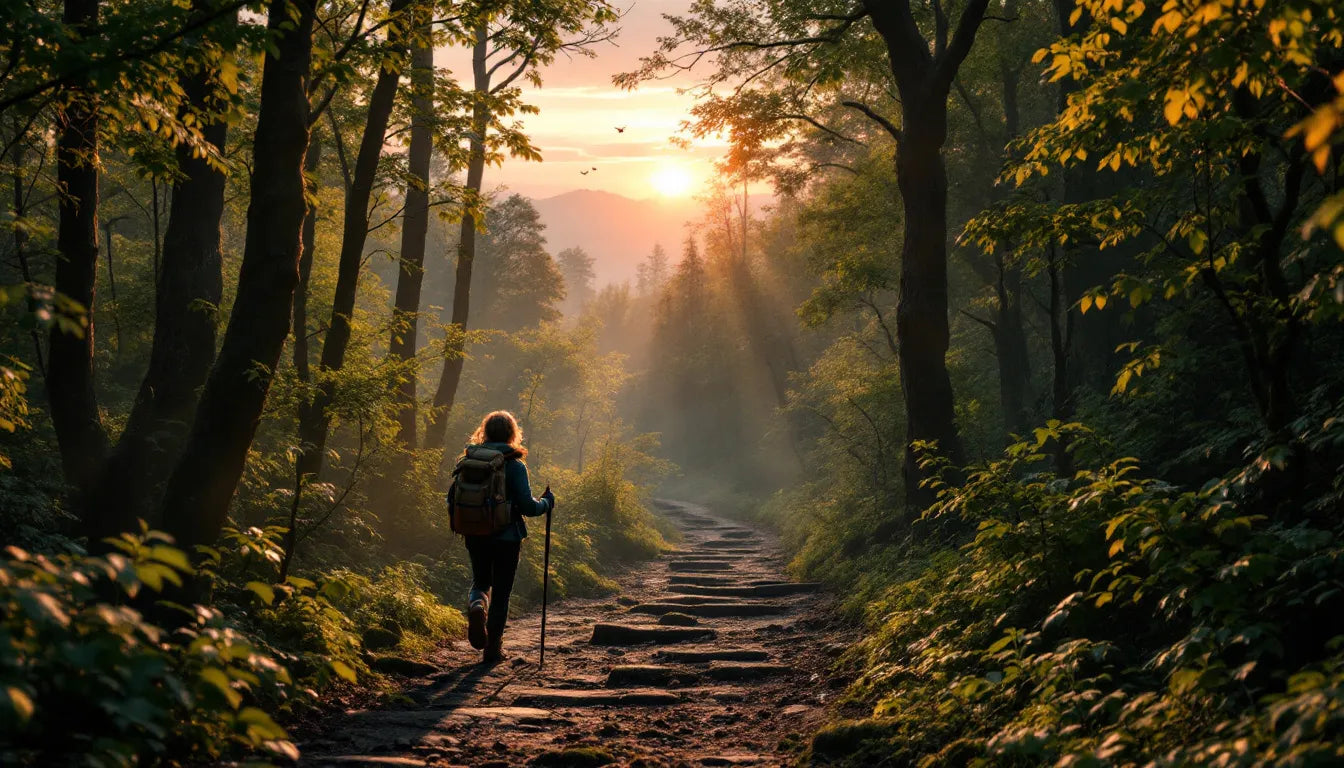 Individual walking a forest trail at sunrise