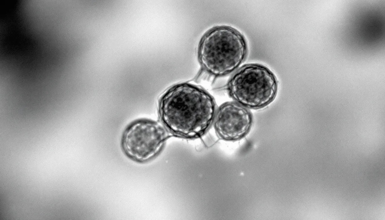Microscopic image showing yeast cells undergoing budding process.