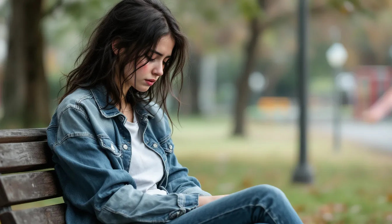 A teenager sitting alone on a park bench, looking distressed.