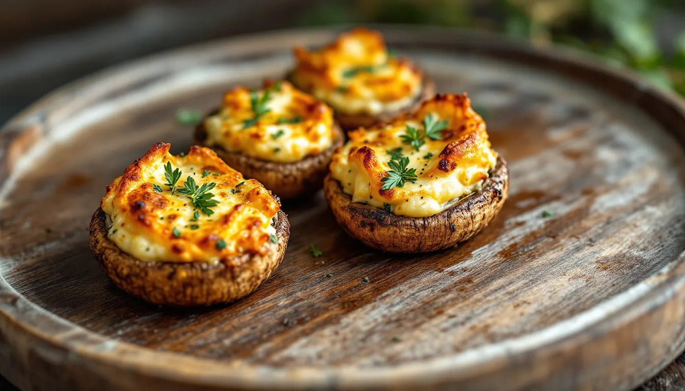 Golden brown stuffed mushrooms served on a wooden plate.