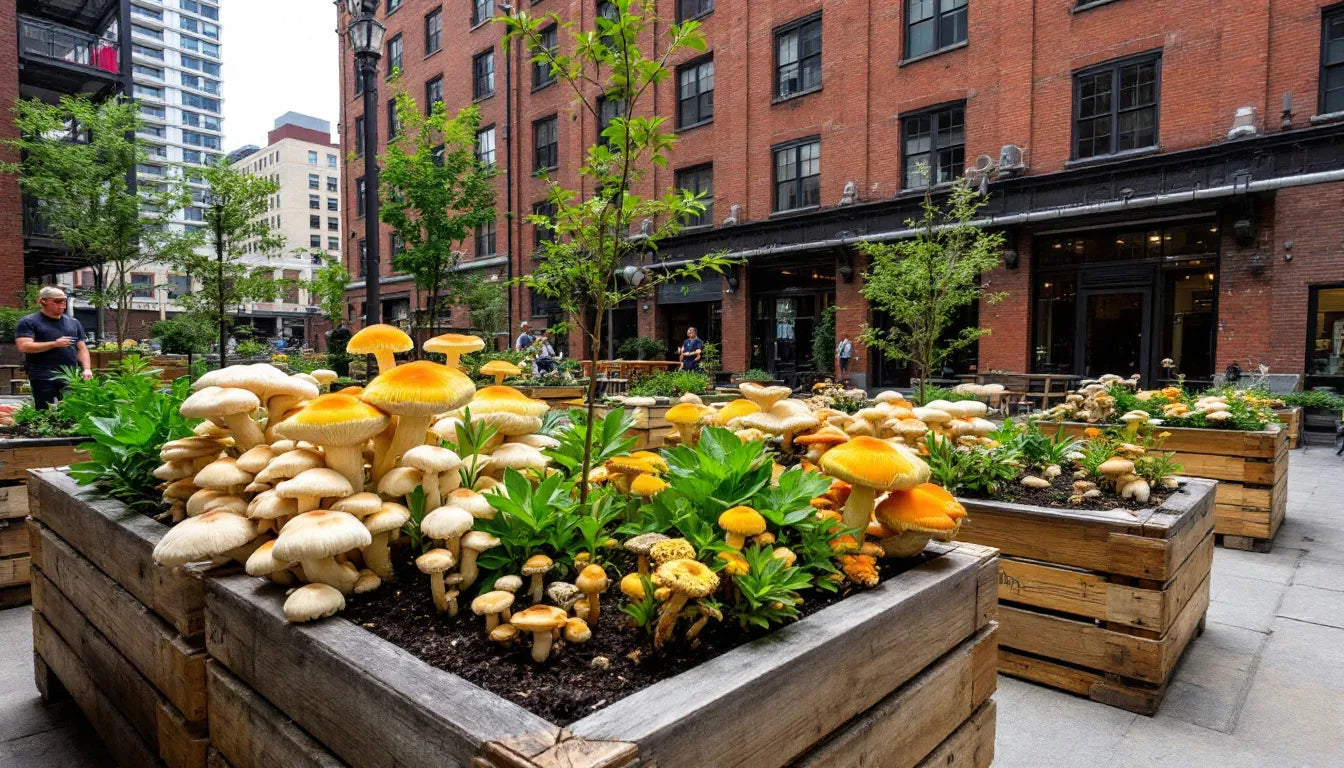 Community mushroom garden in urban city area