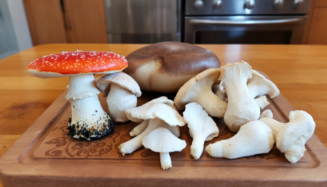 Various mushroom types like shiitake, oyster, and portobello displayed on counter