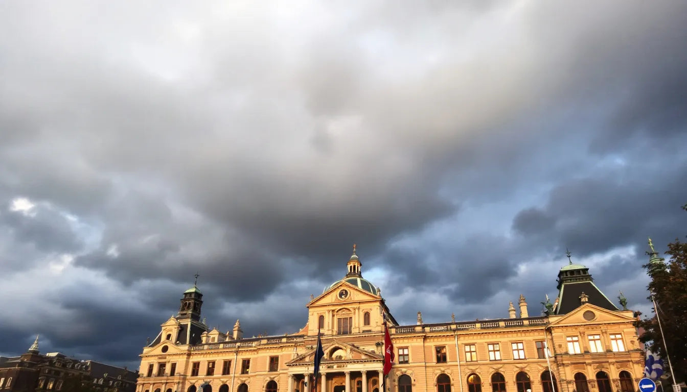 The Dutch parliament building under a cloudy sky, representing policy changes.