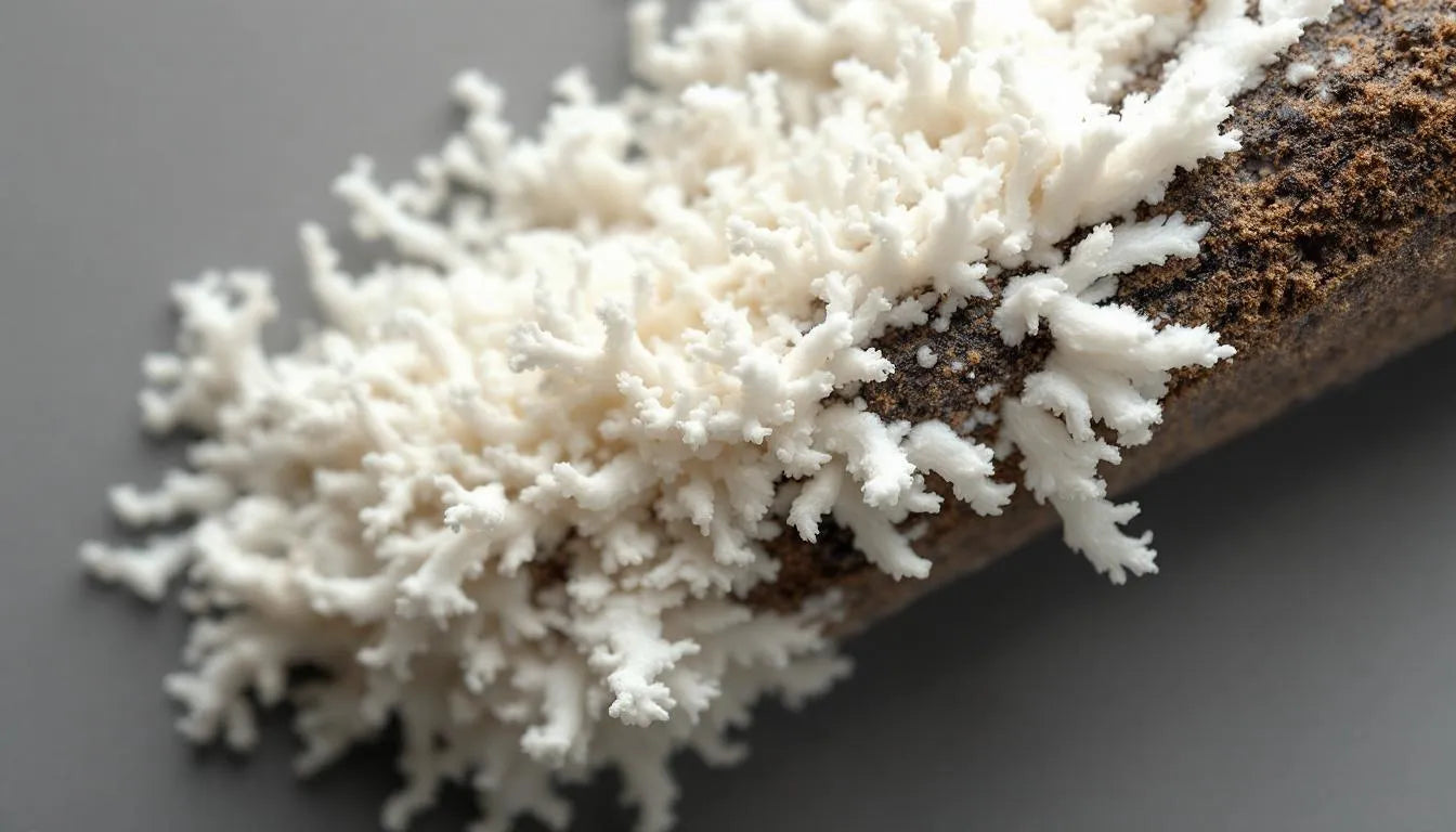 White mycelium colonizing a mushroom substrate bag