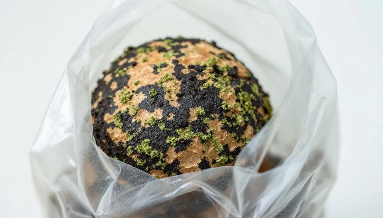 Grower discarding mold-infested mushroom block outdoors