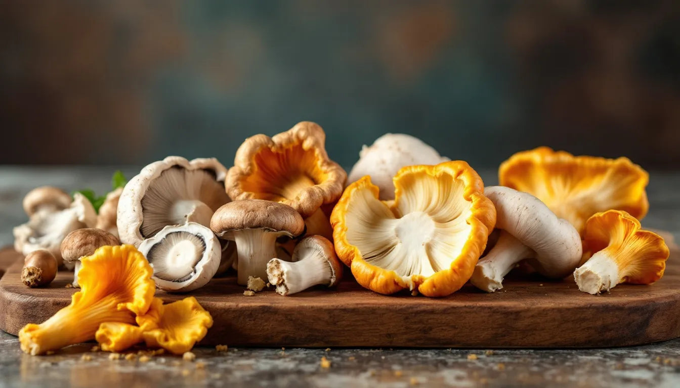 Fresh healthy gourmet mushrooms on cutting board