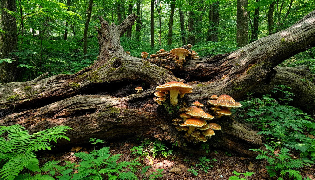 Honey fungus helping decay a fallen tree in forest