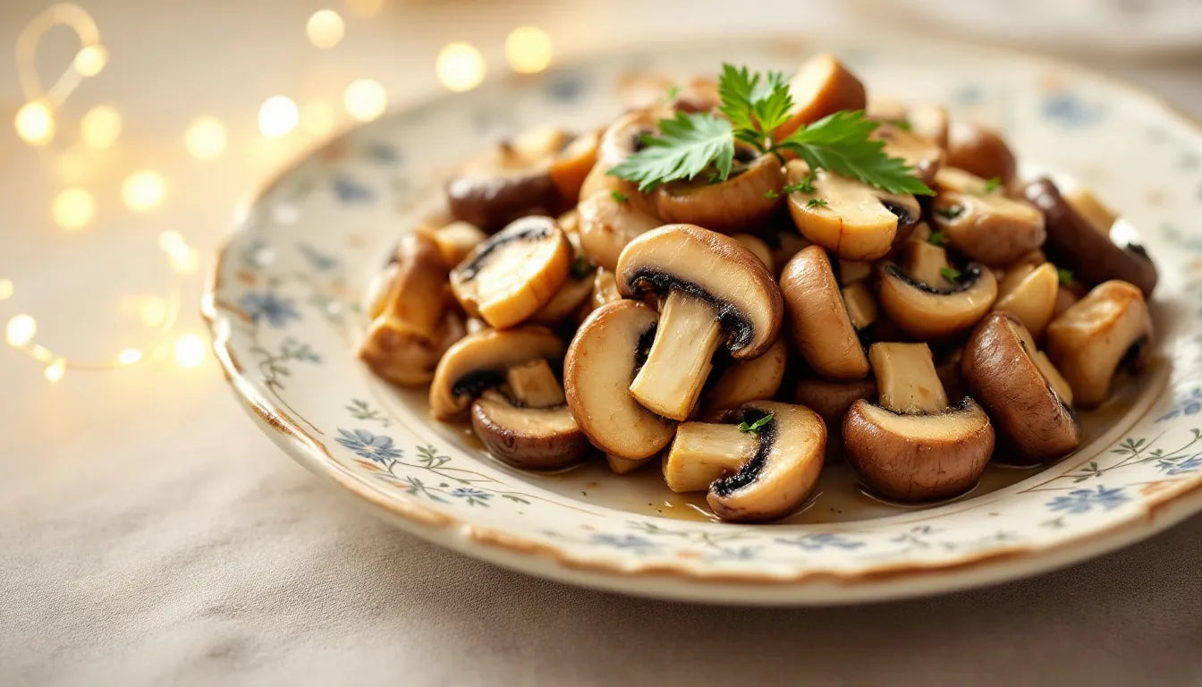 Cooked mushrooms on a ceramic plate showing texture