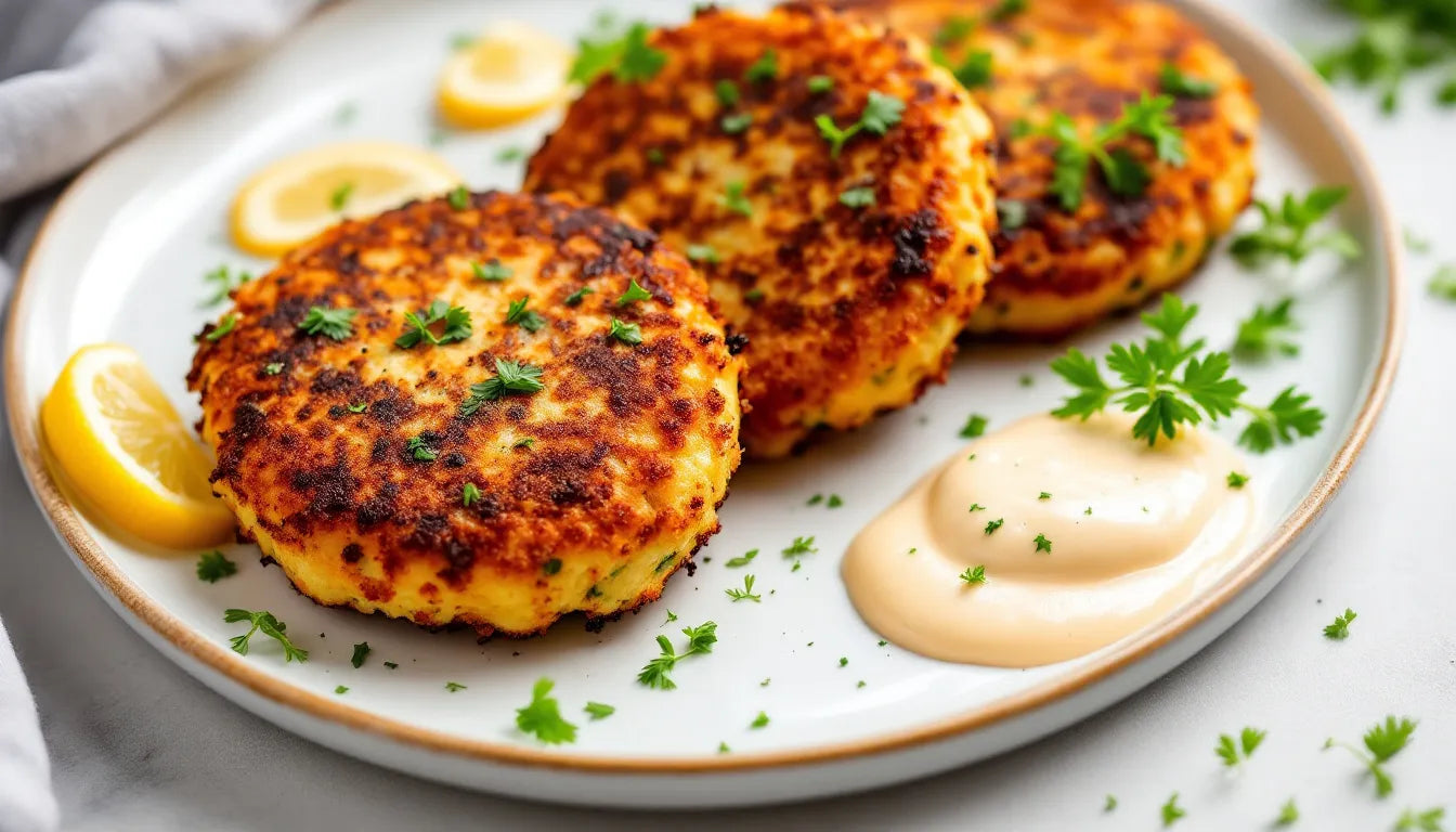 Vegan lion's mane crab cakes with tartar sauce on plate