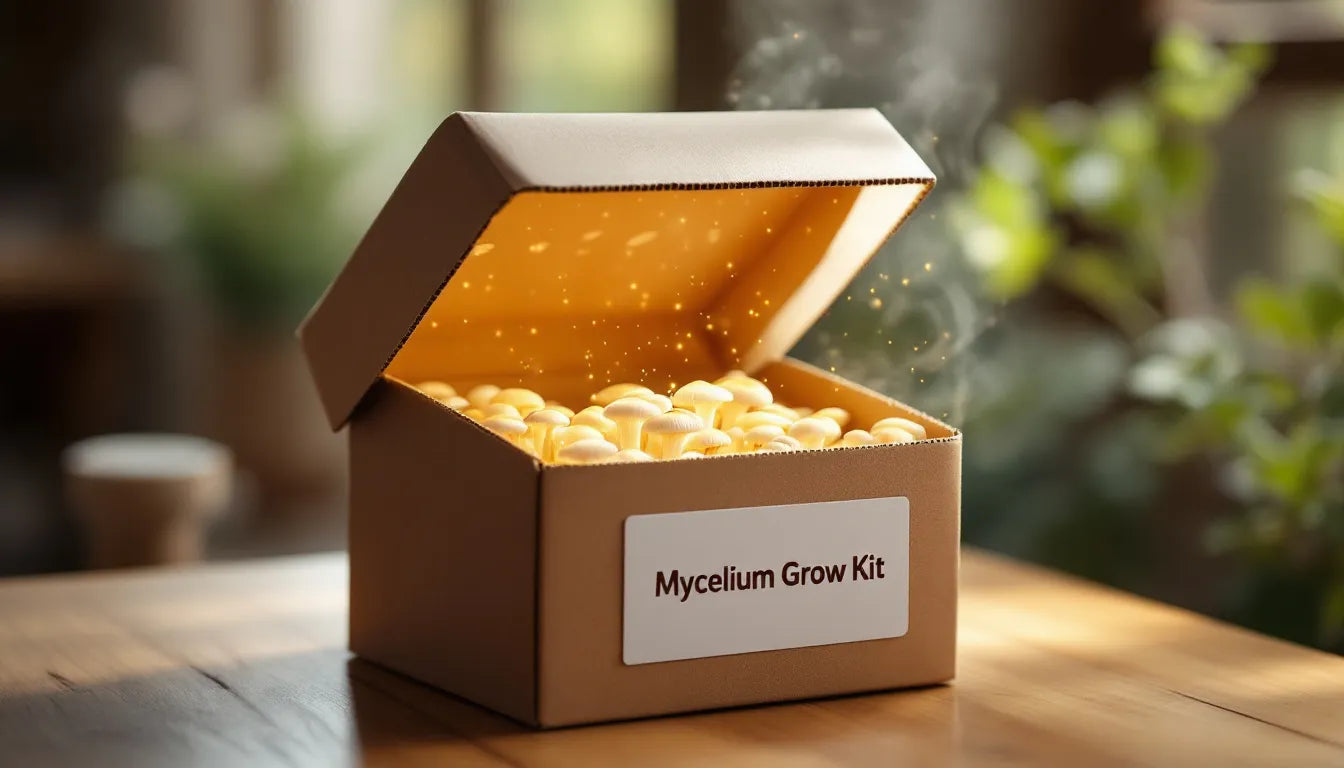 A mushroom grow kit on a kitchen counter with mushrooms sprouting