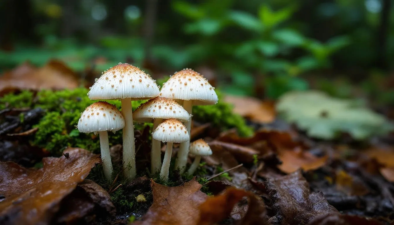 Small mushrooms sprouting on damp forest floor
