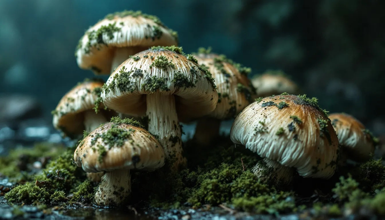Close-up of spoiled mushrooms with mold and slimy texture