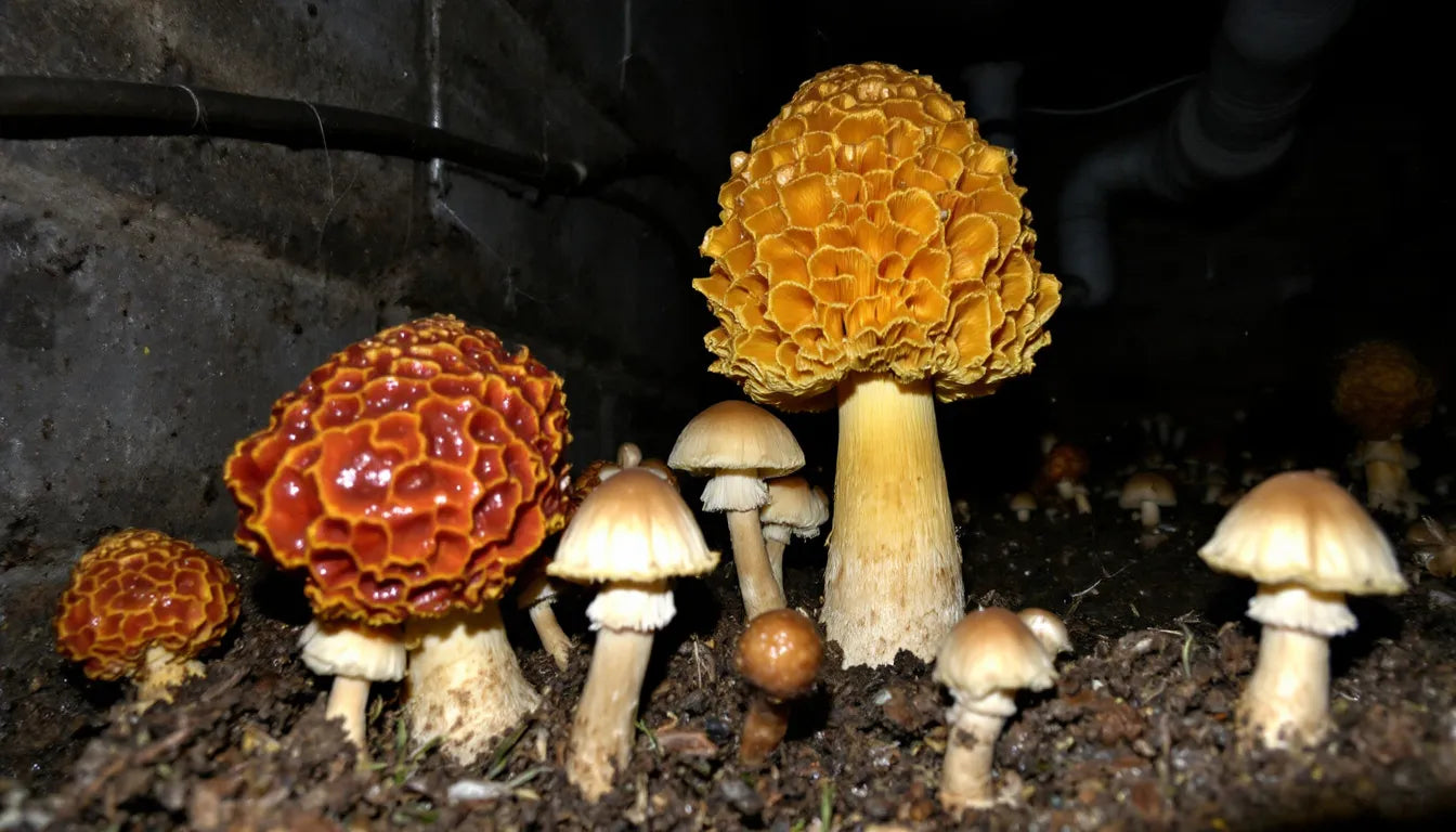 Mushrooms growing in an indoor basement urban farm